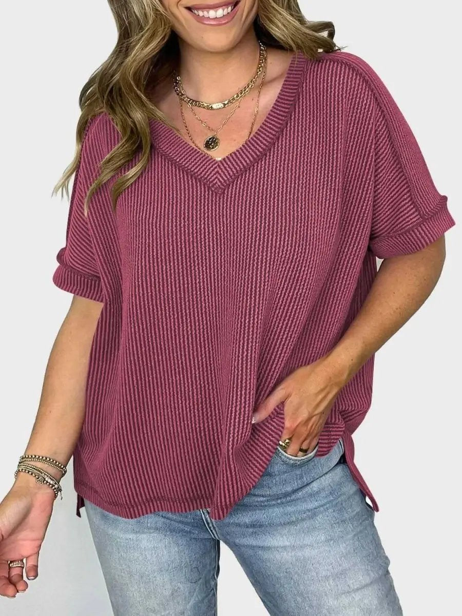 Lovelet Texture V-Neck Half Sleeve T-Shirt - Love Salve